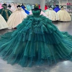 Tiered Green Quinceanera Dress Ball Gown Floral Applique Corset Sweet 16 Vestido De 15 Anos