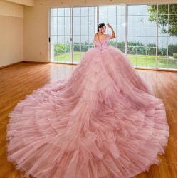 Tiered Pink Quinceanera Dress Sweetheart Neck Vestidos De 15 Anos Off Shoulder Girl Women Dress