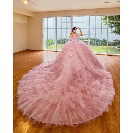 Tiered Pink Quinceanera Dress Sweetheart Neck Vestidos De 15 Anos Off Shoulder Girl Women Dress