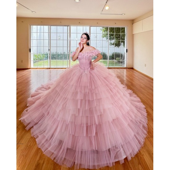 Tiered Pink Quinceanera Dress Sweetheart Neck Vestidos De 15 Anos Off Shoulder Girl Women Dress