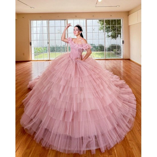 Tiered Pink Quinceanera Dress Sweetheart Neck Vestidos De 15 Anos Off Shoulder Girl Women Dress