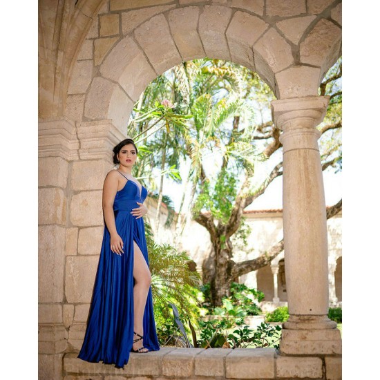 V Neck Blue Mermaid Prom Dresses Spaghetti Strap Sleeveless Evenning Gowns