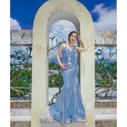 V Neck Sky Blue Mermaid Dresses Sleeveless Prom Dress