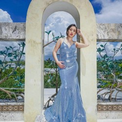 V Neck Sky Blue Mermaid Dresses Sleeveless Prom Dress