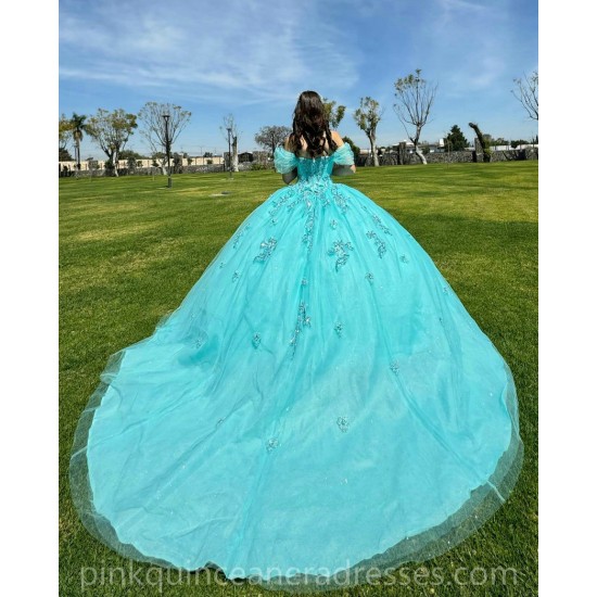 Sweetheart Neck Aqua Quinceanera Dress Birthday Party Dresses Off Shoulder Lace Appliques Vestidos De 15 Anos