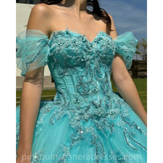 Sweetheart Neck Aqua Quinceanera Dress Birthday Party Dresses Off Shoulder Lace Appliques Vestidos De 15 Anos