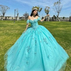 Sweetheart Neck Aqua Quinceanera Dress Birthday Party Dresses Off Shoulder Lace Appliques Vestidos De 15 Anos