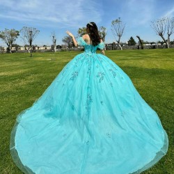 Sweetheart Neck Aqua Quinceanera Dress Birthday Party Dresses Off Shoulder Lace Appliques Vestidos De 15 Anos