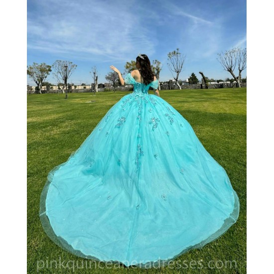 Sweetheart Neck Aqua Quinceanera Dress Birthday Party Dresses Off Shoulder Lace Appliques Vestidos De 15 Anos