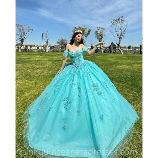 Sweetheart Neck Aqua Quinceanera Dress Birthday Party Dresses Off Shoulder Lace Appliques Vestidos De 15 Anos