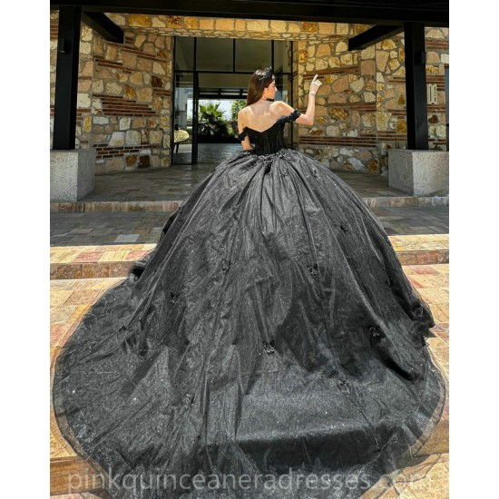 Sweetheart Neck Black Quince Dress Appliques Lace Vestidos De 15 Anos Sequin Girls Ball Gown Sweet 16 Dresses Off Shoulder Wear Pageant