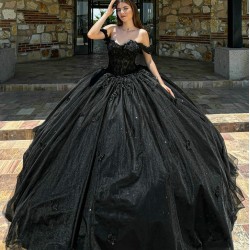 Sweetheart Neck Black Quince Dress Appliques Lace Vestidos De 15 Anos Sequin Girls Ball Gown Sweet 16 Dresses Off Shoulder Wear Pageant