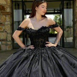 Sweetheart Neck Black Quince Dress Appliques Lace Vestidos De 15 Anos Sequin Girls Ball Gown Sweet 16 Dresses Off Shoulder Wear Pageant