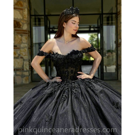 Sweetheart Neck Black Quince Dress Appliques Lace Vestidos De 15 Anos Sequin Girls Ball Gown Sweet 16 Dresses Off Shoulder Wear Pageant