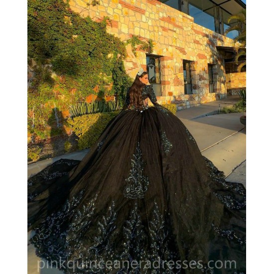 Jacket Black Quinceanera Dress Off Shoulder Sequin Lace Appliques Vestidos De 15 Anos Wear Pageant Sweetheart Women Tulle 2024 Ball Gown