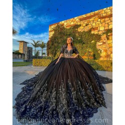 Jacket Black Quinceanera Dress Off Shoulder Sequin Lace Appliques Vestidos De 15 Anos Wear Pageant Sweetheart Women Tulle 2024 Ball Gown