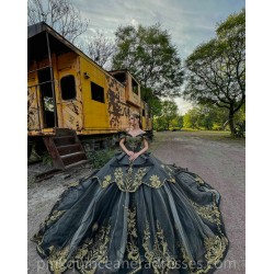 Women 2024 Ball Gown Black Quinceanera Dress Off Shoulder Sequin Vestidos De 15 Anos Sweetheart Gold Lace Appliques Wear Pageant