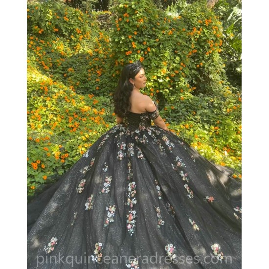 Off Shoulder Vestidos De 15 Anos Black Quinceanera Dress 3D Flowers Wear Pageant Sweetheart Neck Sweet 15 Prom Party Dresses