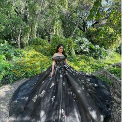 Off Shoulder Vestidos De 15 Anos Black Quinceanera Dress 3D Flowers Wear Pageant Sweetheart Neck Sweet 15 Prom Party Dresses