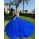 V Neck Blue Quince Dress Crystal Vestidos De 15 Anos Sequin Girls Ball Gown Sweet 16 Dresses Off Shoulder Wear Pageant