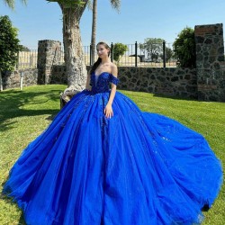 V Neck Blue Quince Dress Crystal Vestidos De 15 Anos Sequin Girls Ball Gown Sweet 16 Dresses Off Shoulder Wear Pageant