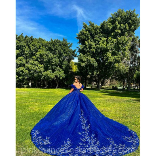 Sequin Vestidos De 15 Anos Blue Quinceanera Dress Off Shoulder Lace Appliques Wear Pageant Sweetheart Women Tulle 2024 Ball Gown