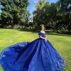 Sequin Vestidos De 15 Anos Blue Quinceanera Dress Off Shoulder Lace Appliques Wear Pageant Sweetheart Women Tulle 2024 Ball Gown