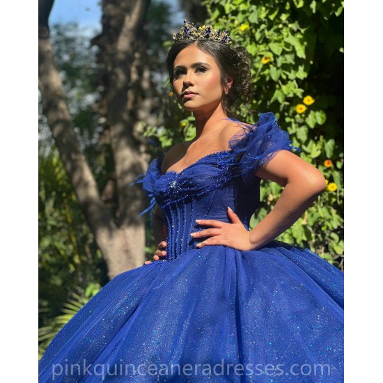 Sequin Vestidos De 15 Anos Blue Quinceanera Dress Off Shoulder Lace Appliques Wear Pageant Sweetheart Women Tulle 2024 Ball Gown