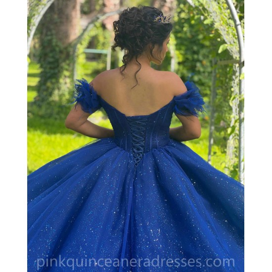 Sequin Vestidos De 15 Anos Blue Quinceanera Dress Off Shoulder Lace Appliques Wear Pageant Sweetheart Women Tulle 2024 Ball Gown