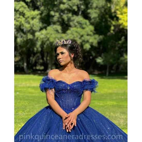 Sequin Vestidos De 15 Anos Blue Quinceanera Dress Off Shoulder Lace Appliques Wear Pageant Sweetheart Women Tulle 2024 Ball Gown