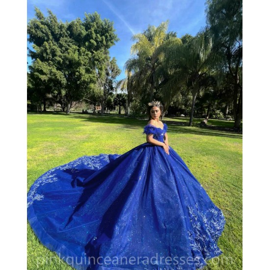 Sequin Vestidos De 15 Anos Blue Quinceanera Dress Off Shoulder Lace Appliques Wear Pageant Sweetheart Women Tulle 2024 Ball Gown