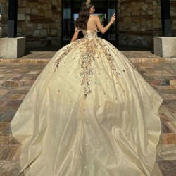 2024 Ball Gown Princess Dress Champagne Quinceanera Dresses Sweetheart Neck Lace Appliques Sweet 15 Prom Party Dress