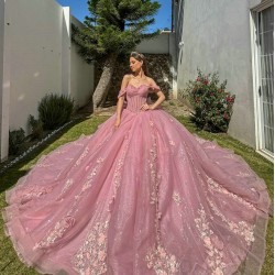 Off Shoulder Coral Quinceanera Dress Lace Appliques Birthday Party Dresses Vestidos De 15 Anos With Bow