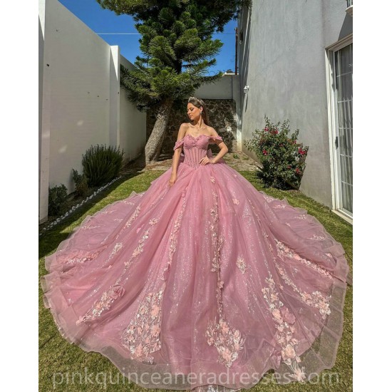 Off Shoulder Coral Quinceanera Dress Lace Appliques Birthday Party Dresses Vestidos De 15 Anos With Bow