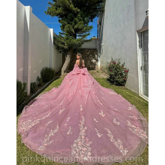 Off Shoulder Coral Quinceanera Dress Lace Appliques Birthday Party Dresses Vestidos De 15 Anos With Bow