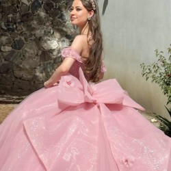 Off Shoulder Coral Quinceanera Dress Lace Appliques Birthday Party Dresses Vestidos De 15 Anos With Bow