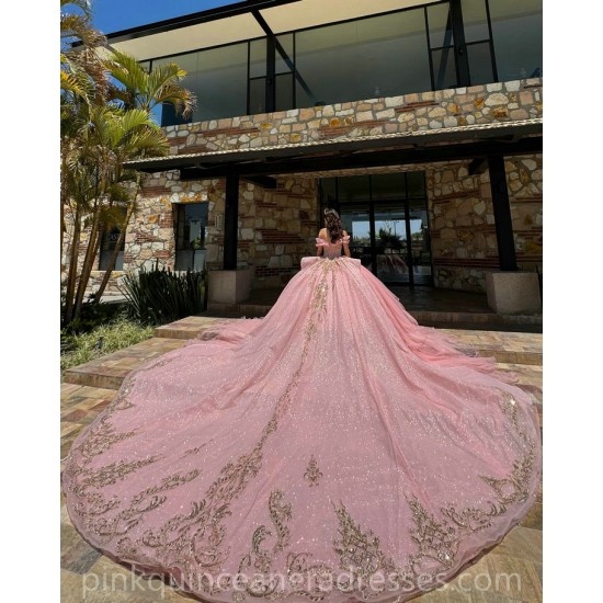 Off Shoulder Coral Quinceanera Dress Sweet 15 Prom Party Gowns Gold Lace Appliques V Neck Wear Pageant