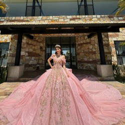 Off Shoulder Coral Quinceanera Dress Sweet 15 Prom Party Gowns Gold Lace Appliques V Neck Wear Pageant