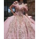 Off Shoulder Coral Quinceanera Dress Sweet 15 Prom Party Gowns Gold Lace Appliques V Neck Wear Pageant