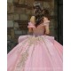 Off Shoulder Coral Quinceanera Dress Sweet 15 Prom Party Gowns Gold Lace Appliques V Neck Wear Pageant