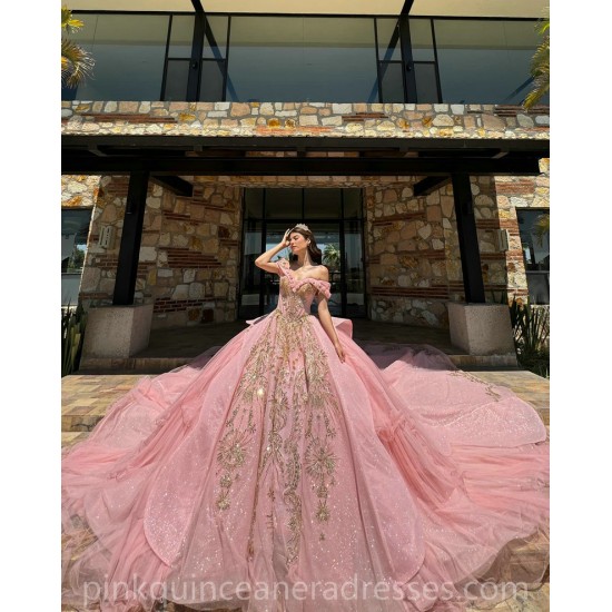 Off Shoulder Coral Quinceanera Dress Sweet 15 Prom Party Gowns Gold Lace Appliques V Neck Wear Pageant