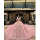 Off Shoulder Coral Quinceanera Dress Sweet 15 Prom Party Gowns Gold Lace Appliques V Neck Wear Pageant