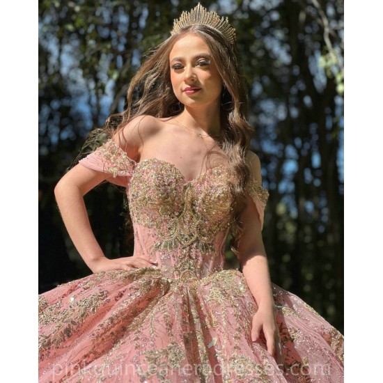 Off Shoulder Coral Quinceanera Dress Vestidos De 15 Anos Lace Appliques Wear Pageant Sweetheart Neck Sweet 15 Prom Party Dresses