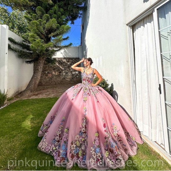 Coral Quinceanera Dress Spaghetti Strap Sweet 15 Gowns 3D Flowers Wear Pageant Sweetheart Neck 2024 Ball Gown Princess Dresses