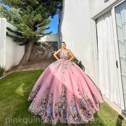 Coral Quinceanera Dress Spaghetti Strap Sweet 15 Gowns 3D Flowers Wear Pageant Sweetheart Neck 2024 Ball Gown Princess Dresses