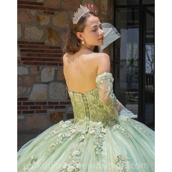 Detachable Sage Green Quince Dress Appliques Lace Vestidos De 15 Anos Sweetheart Neck Girls Ball Gown Sweet 16 Dresses 3D Flowers Wear Pageant