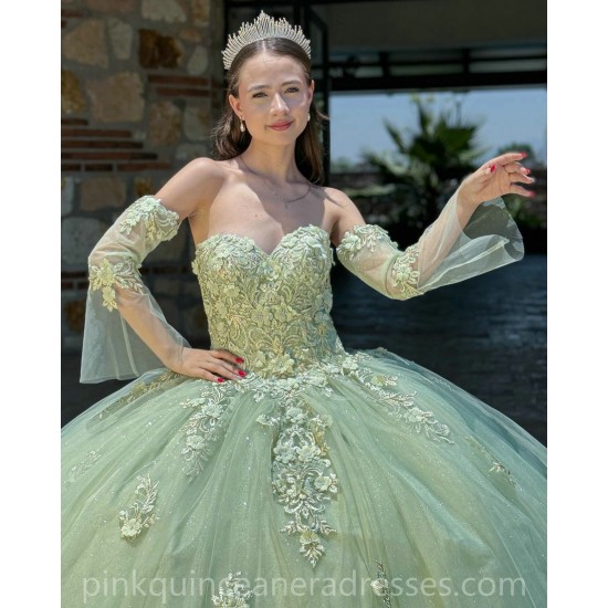 Detachable Sage Green Quince Dress Appliques Lace Vestidos De 15 Anos Sweetheart Neck Girls Ball Gown Sweet 16 Dresses 3D Flowers Wear Pageant