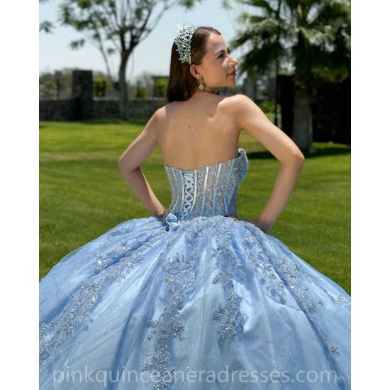 Detachable Sky Blue Quince Dress Appliques Lace Vestidos De 15 Anos Sweetheart Neck Girls Ball Gown Sweet 16 Dresses Sequin Wear Pageant