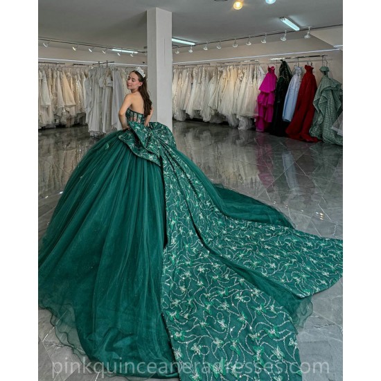 Sequin Emerald Green Quince Dress Sweetheart Neck Girls Sweet 16 Dresses Lace Appliques Vestidos De 15 Anos Sleeveless Wear Pageant With Bow