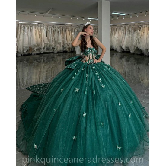 Sequin Emerald Green Quince Dress Sweetheart Neck Girls Sweet 16 Dresses Lace Appliques Vestidos De 15 Anos Sleeveless Wear Pageant With Bow